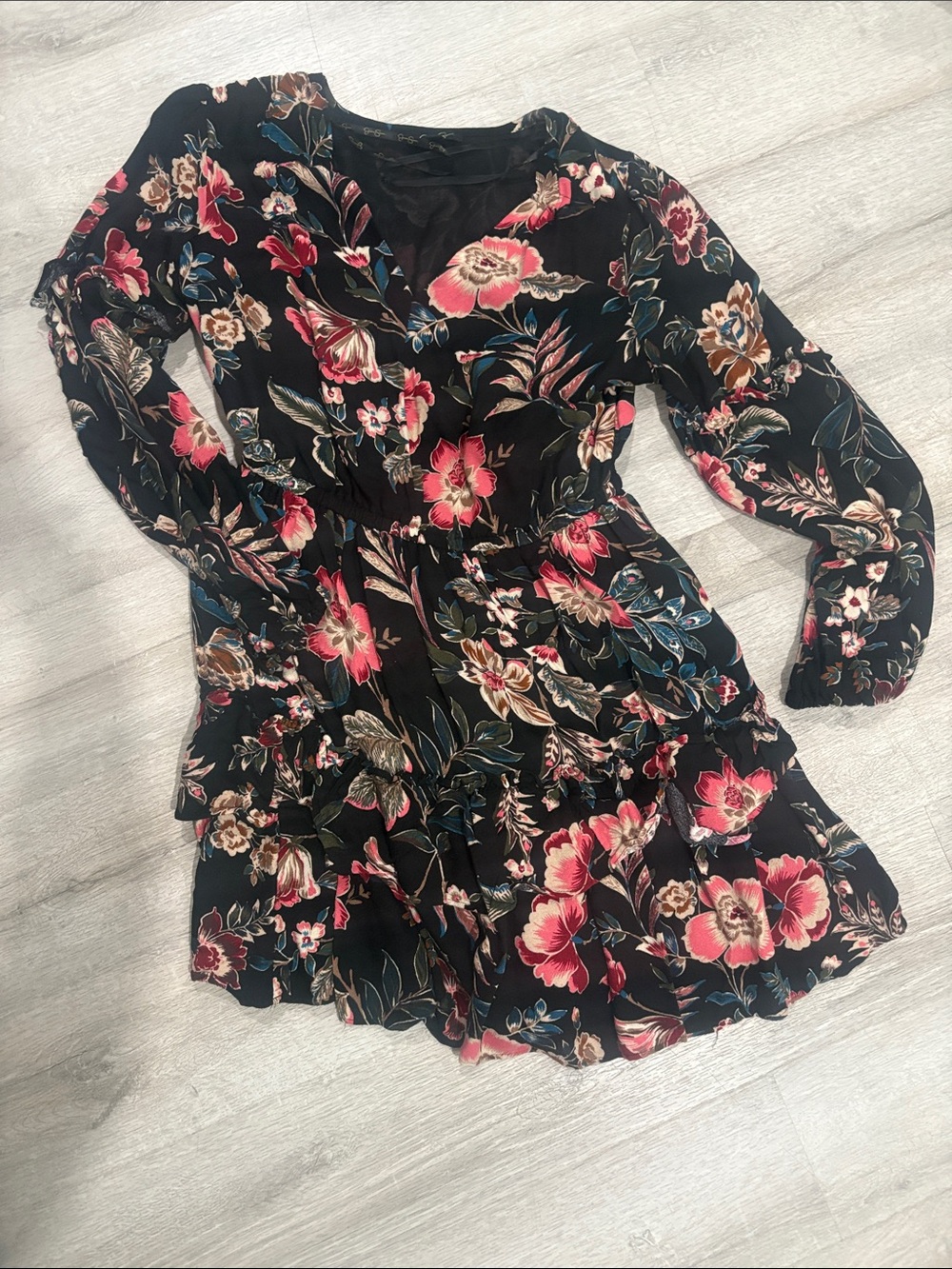 Jessica Simpson Black Floral Long-Sleeve Tiered Dress